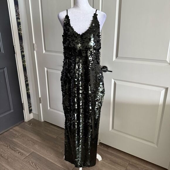Free People Gorgeous Black and Deep Emerald Green Sequins Maxi Dress Size S - Picture 1 of 9